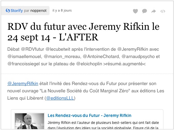 Storify - Rendez-Vous du Futur avec Jeremy Rifkin - Sept. 2014